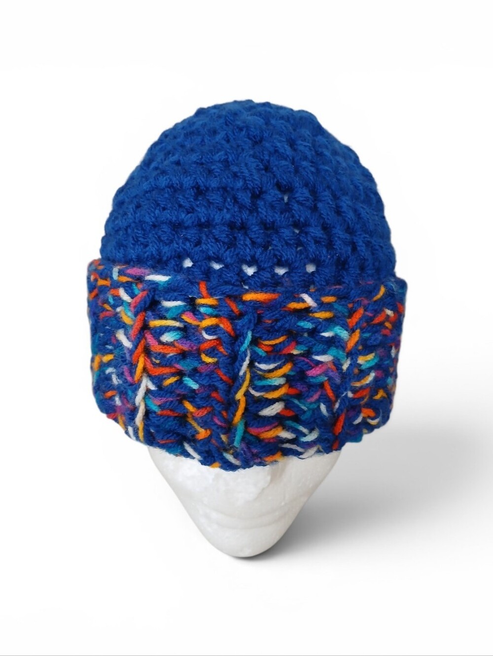 Chunky Royal Blue Crocheted Beanie with Multicolor Cuff